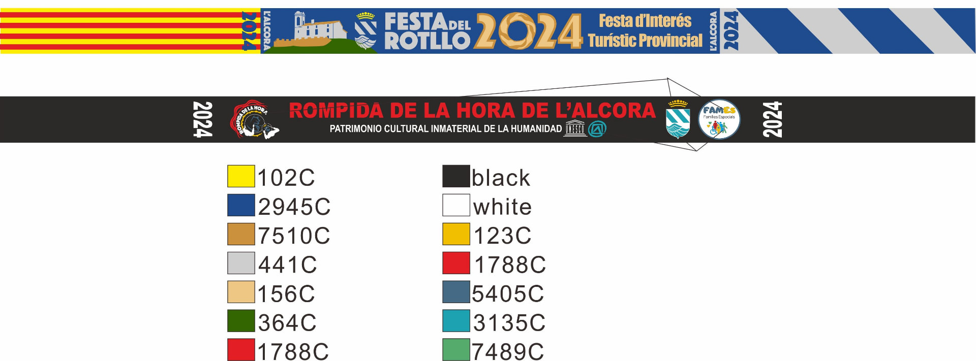 Prueba digital de las pulseras de la Festa del Rotllo y la Rompida de la Hora de L'Alcora, 15 × 320 mm en tejido HD